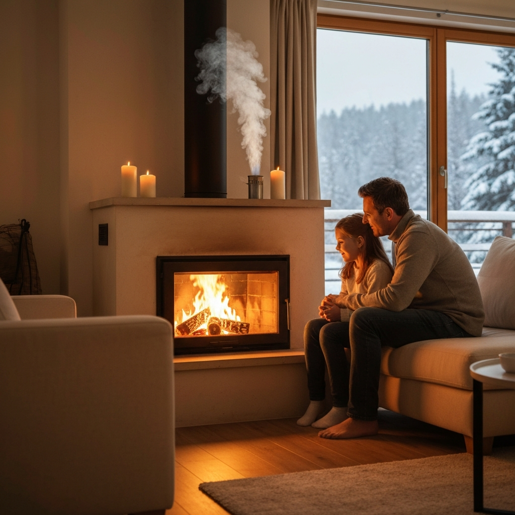 Family enjoying safe fireplace at home