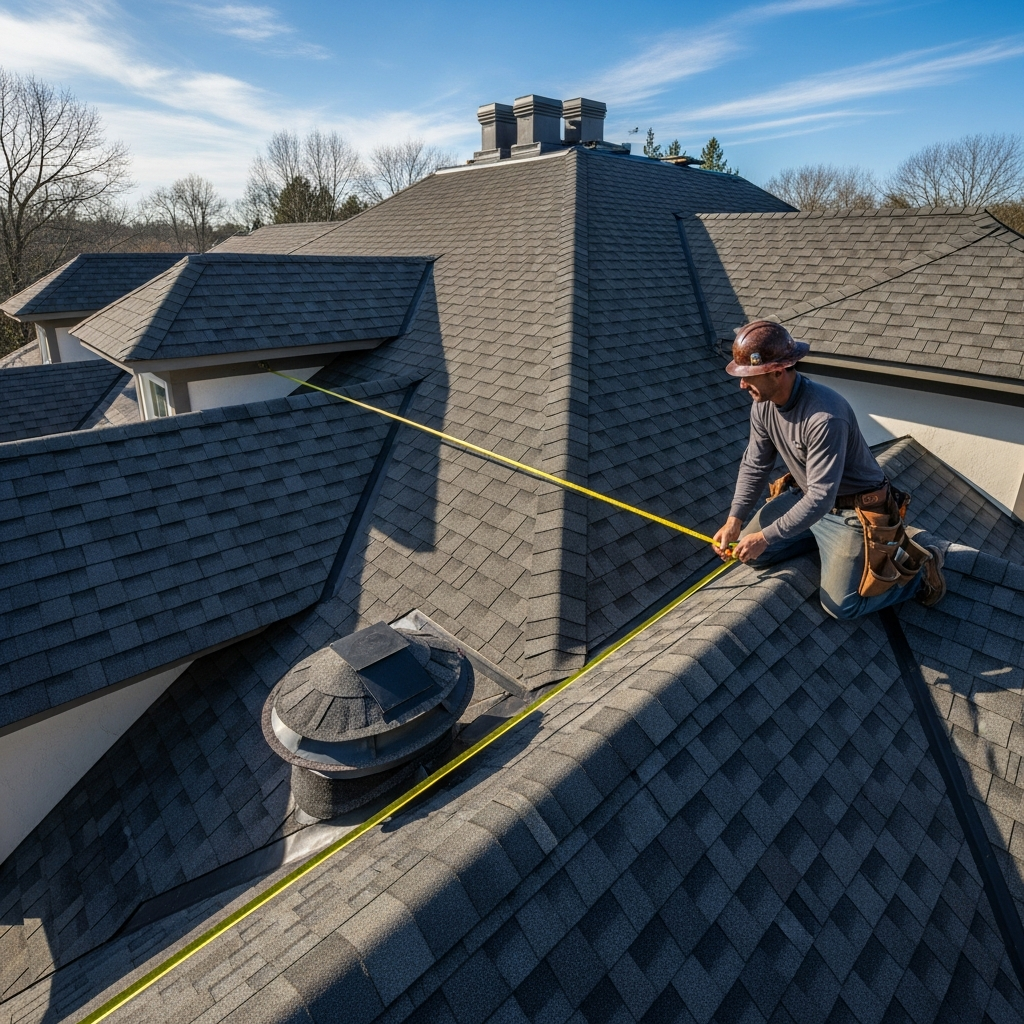 Roofer measuring complex roof