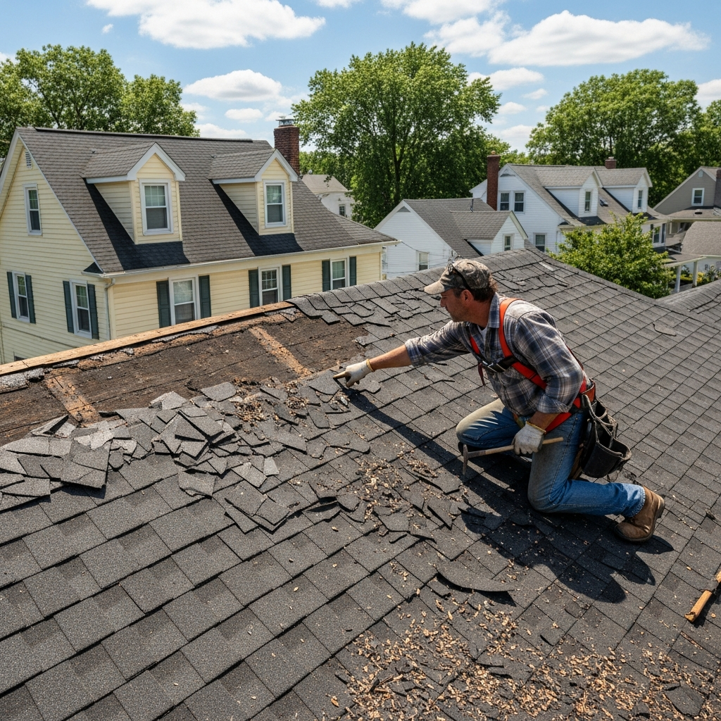Roofer inspecting damaged NJ roof