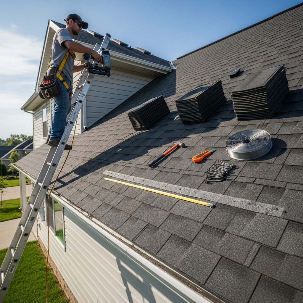 Roofer installs shingles on ladder