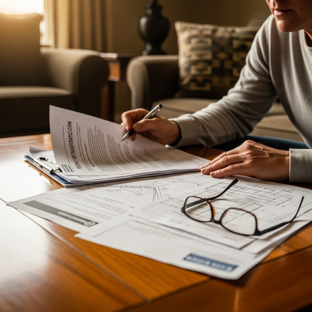 Homeowner checks roofing permit papers