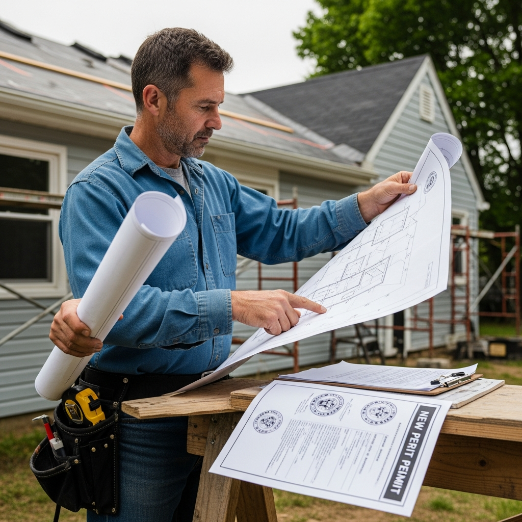 Contractor holding roof plans outside
