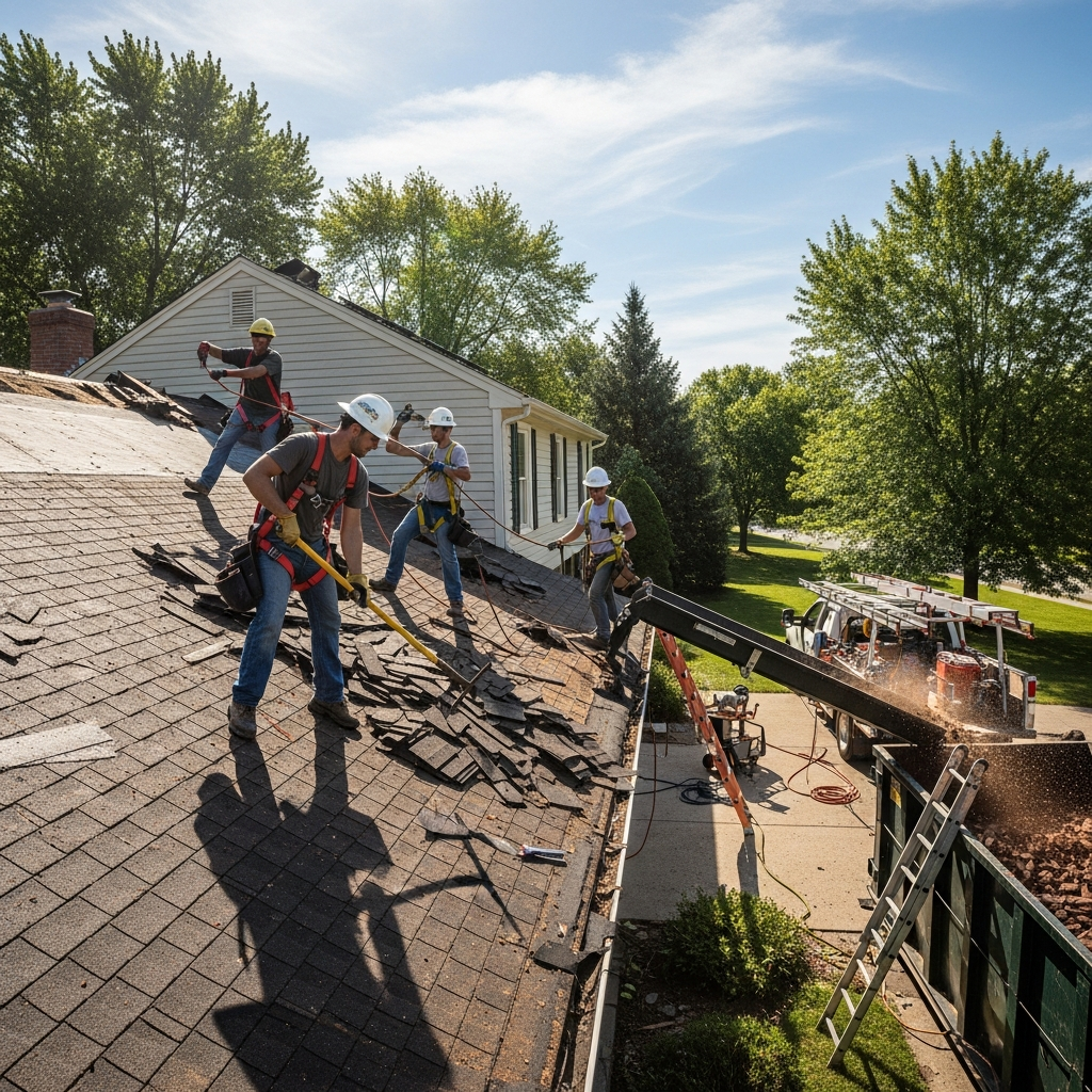 Roofers removing old shingles