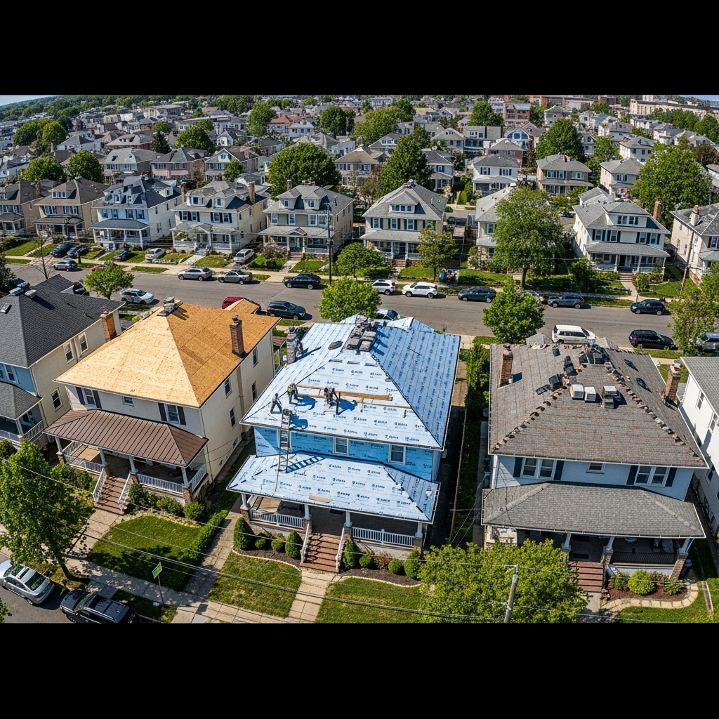 Aerial view of NJ roofs being replaced