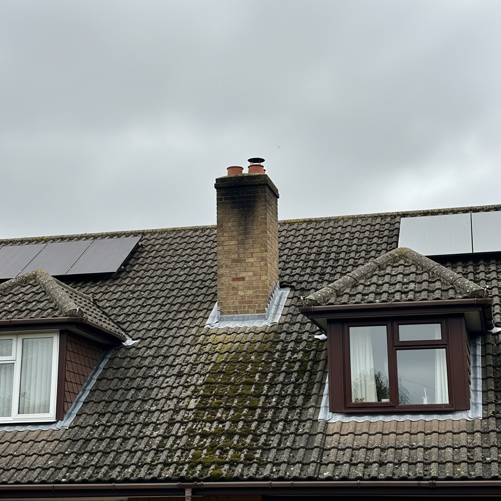 suburban roof with mixed materials