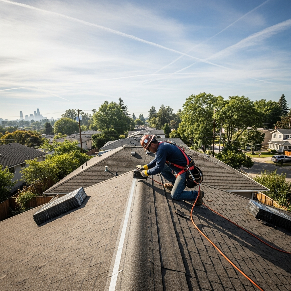 Roofer installing shingles safely