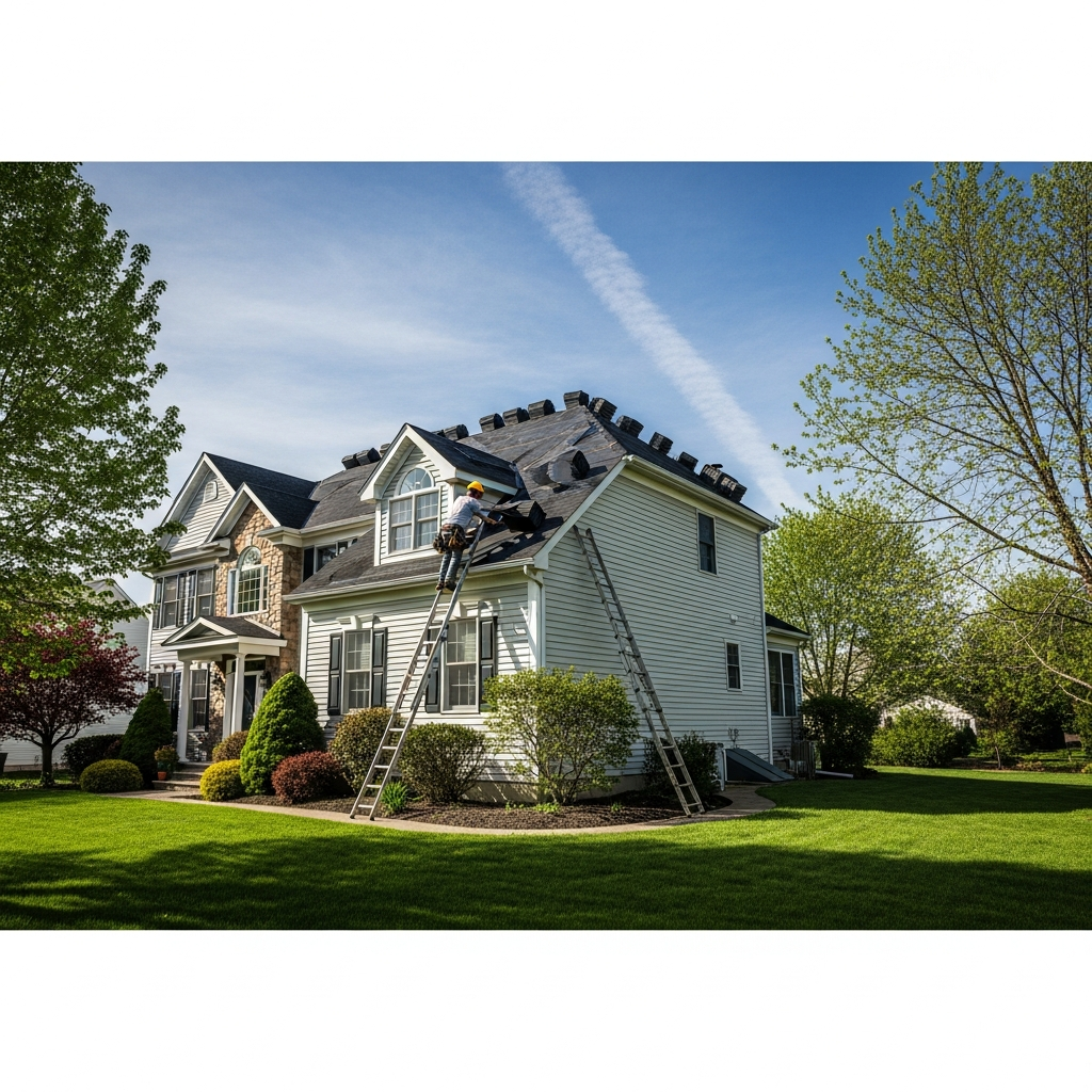 Roofer installing shingles in NJ