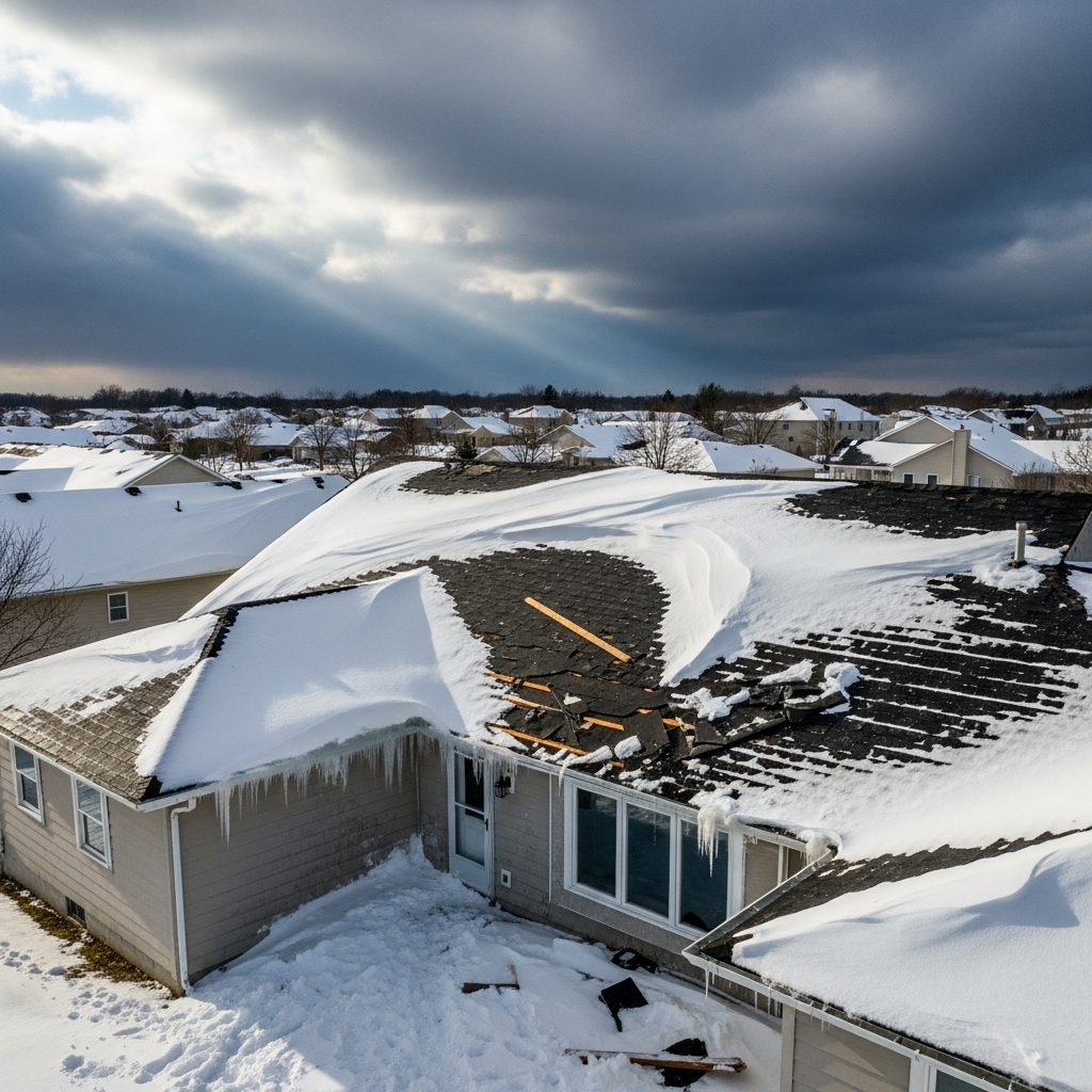 Weather-damaged NJ roof aerial view